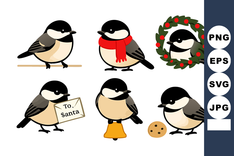Chickadee birds with Christmas holiday decorations and winte