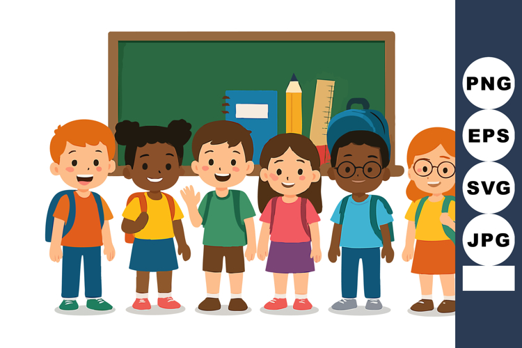 Diverse group of happy school children standing in front of