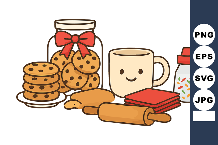 Cute smiling coffee cup with cookies jar rolling pin and spr