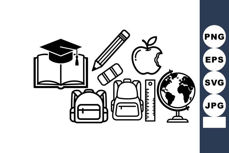 Education Icons Set Including Graduation Cap, Book, Pencil,