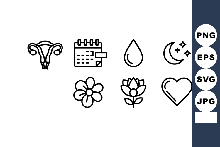 Female reproductive system icons set with calendar, drop, mo