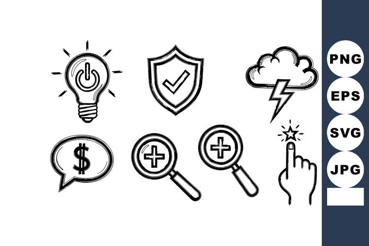 Hand-drawn digital icons including light bulb power symbol,