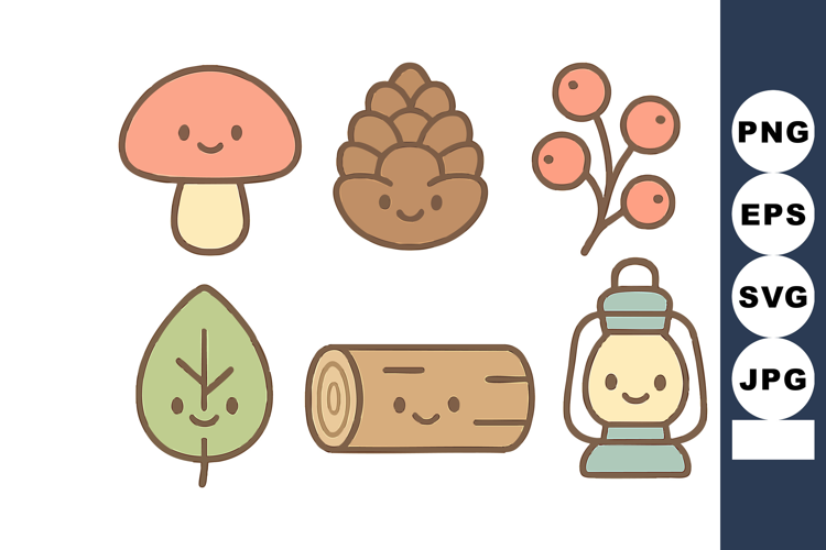 Cute forest elements with mushroom pinecone berries leaf log