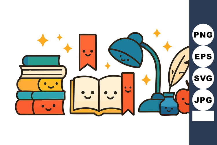 Cute smiling books with reading lamp ink pot feather apple a