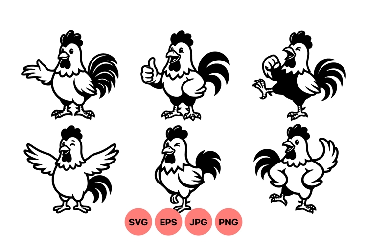 Hand Drawn Cartoon Rooster Vector Illustrations