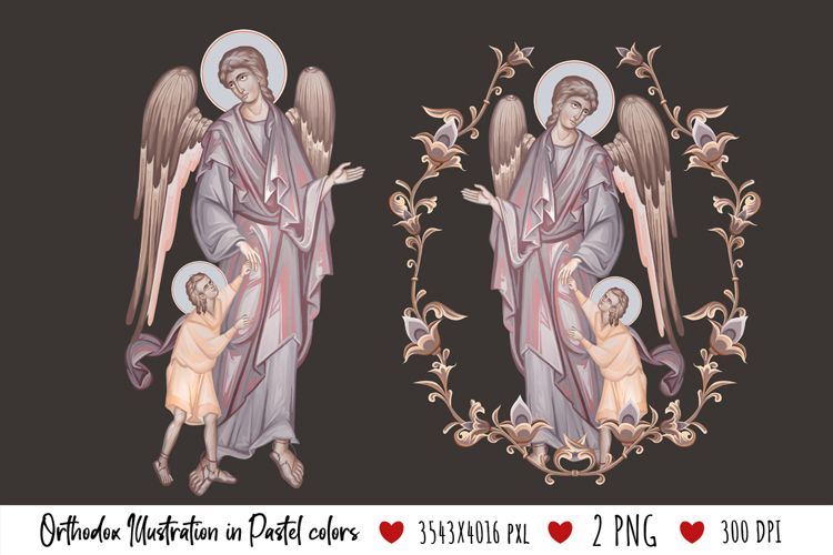 Guardian Angel with a Kid. Illustration in Byzantine Style