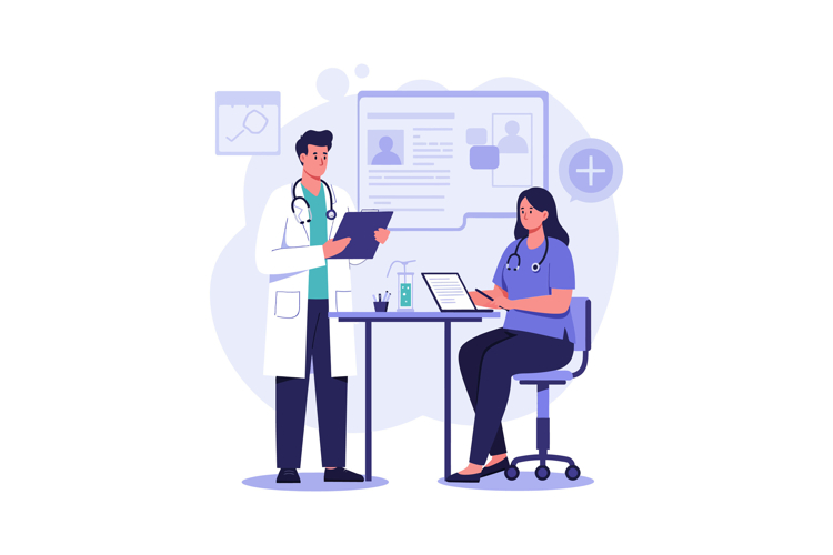 Medical professionals collaborating in a flat design with di