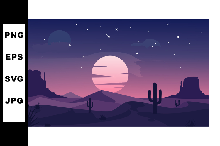 Desert landscape with cacti and full moon under starry night