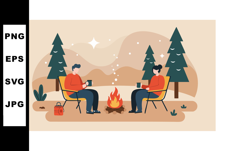 Two people sitting by campfire in forest winter scene with p