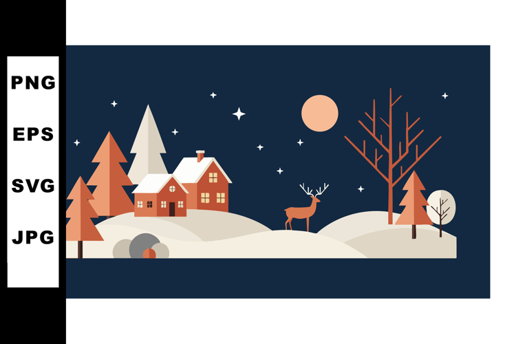 Winter night landscape with deer and snow-covered houses in