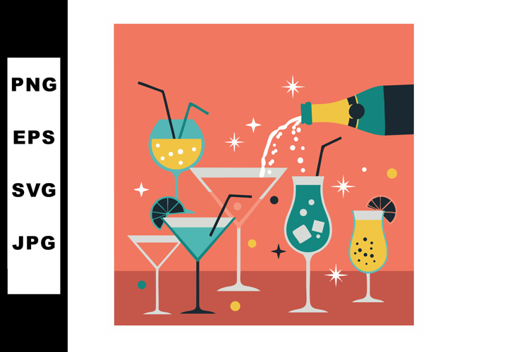 Colorful cocktail drinks pouring sparkling beverage in glass