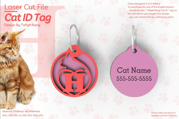 H | Cat ID Tag | Cat ID Tag Slide On Collar| laser cut | SVG