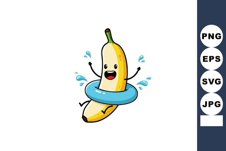 Happy banana cartoon character with blue swim ring splashing example image 1