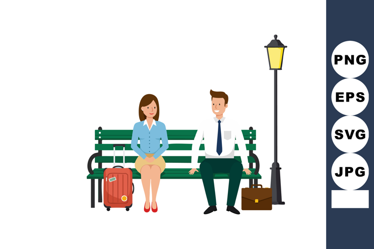 Businessman and businesswoman sitting on green bench with lu