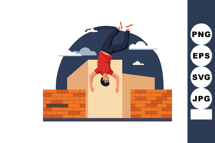 Man doing parkour jump over brick wall in urban environment
