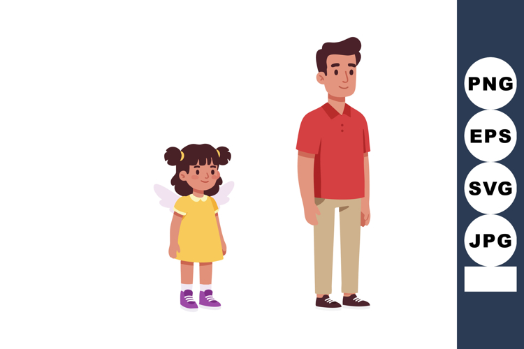 Little girl with angel wings and man standing side by side c
