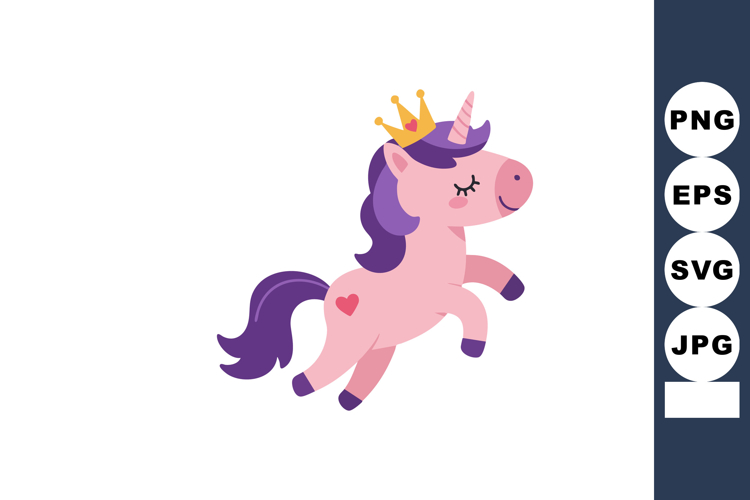 Cute pink unicorn with crown and heart symbol cartoon style