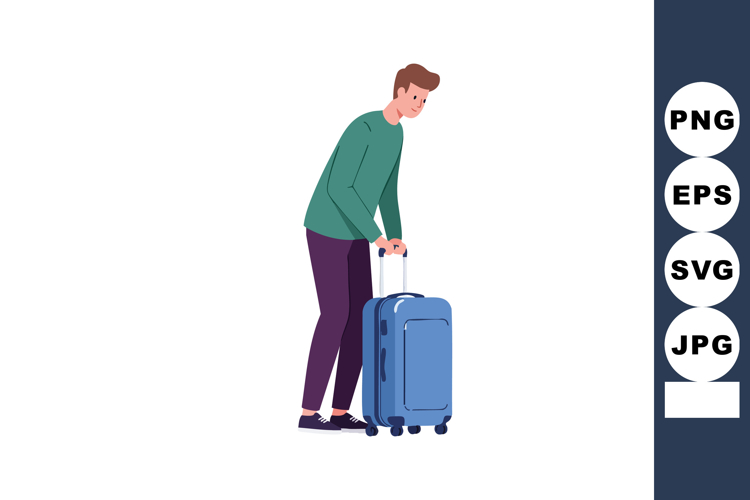 Man with blue suitcase travel luggage standing casual clothi