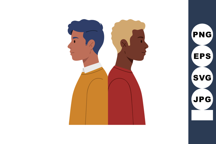 Two diverse men standing back to back in colorful casual clo