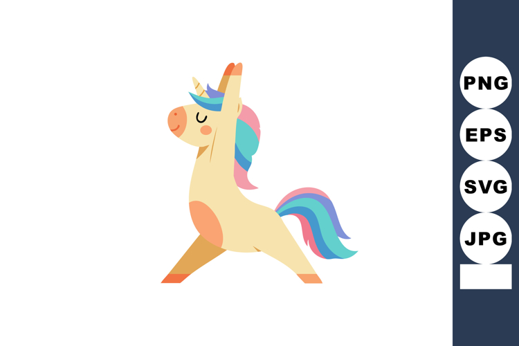 Unicorn doing yoga pose with colorful rainbow mane and tail