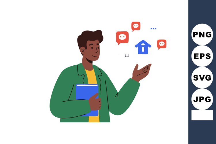 Young man holding book with social media chat icons and home
