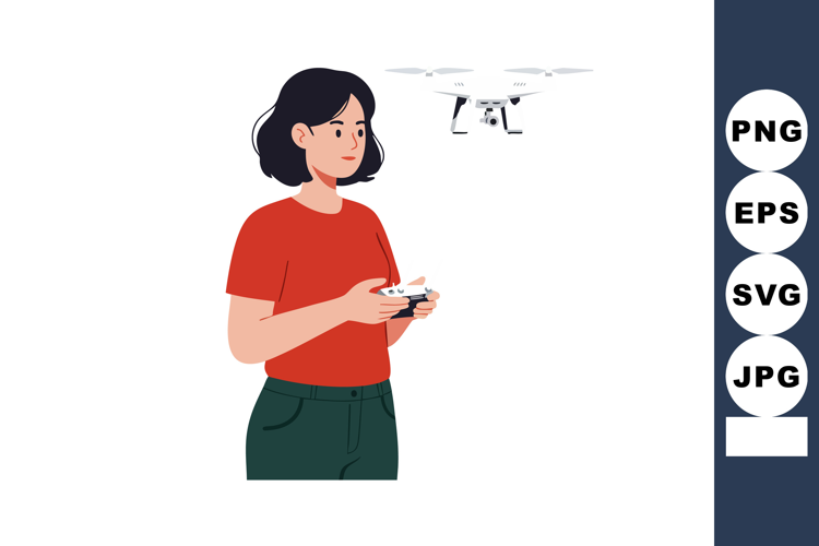 Woman controlling white drone with remote control in casual