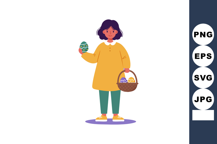 Girl holding decorated Easter eggs in basket wearing yellow