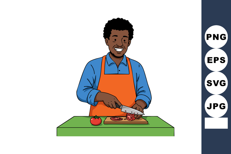 Man chopping fresh tomato on green table with orange apron a