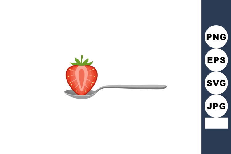 Strawberry half on silver spoon vector illustration with gre