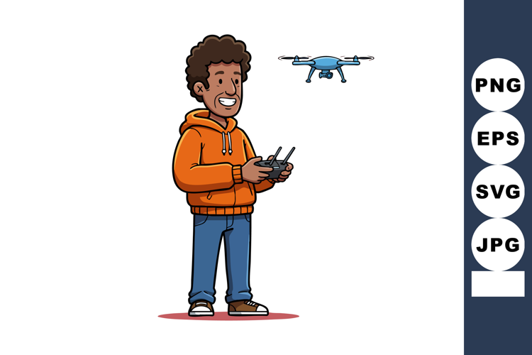 Man controlling flying drone with remote controller in casua