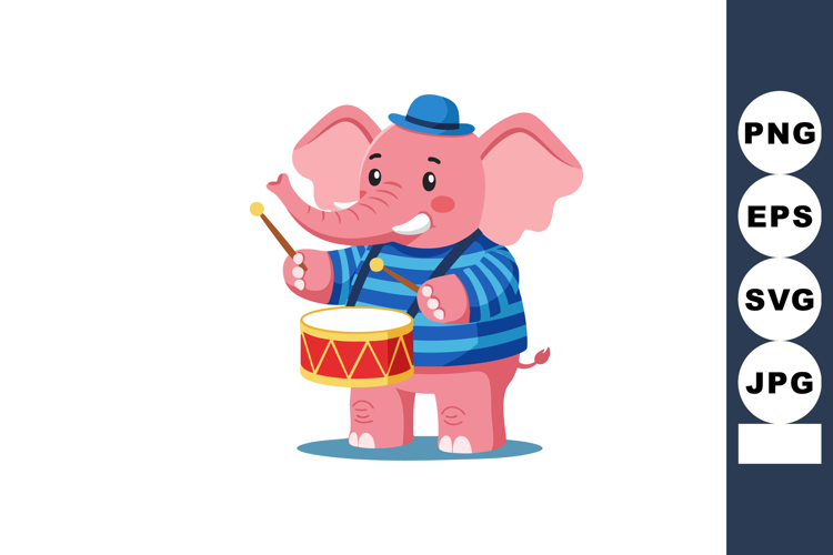 Pink elephant playing drum wearing blue hat and striped shir