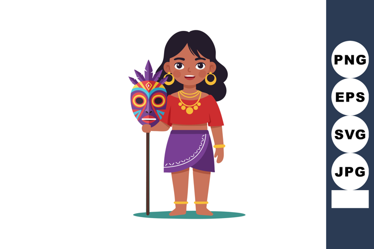 Young woman holding colorful tribal mask wearing traditional