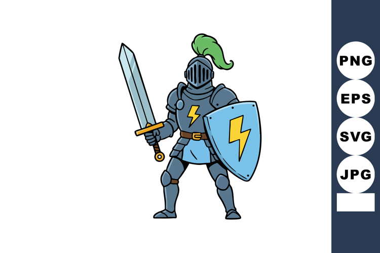 Knight warrior in blue armor holding sword and shield with l