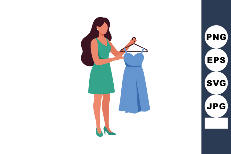 Woman holding blue dress on hanger choosing outfit for casua