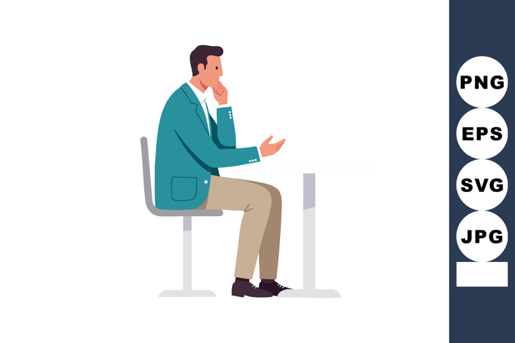 Man in teal jacket sitting on chair thinking and gesturing a