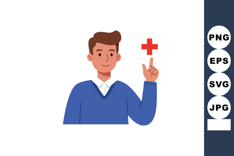 Man pointing at red medical cross symbol healthcare and firs