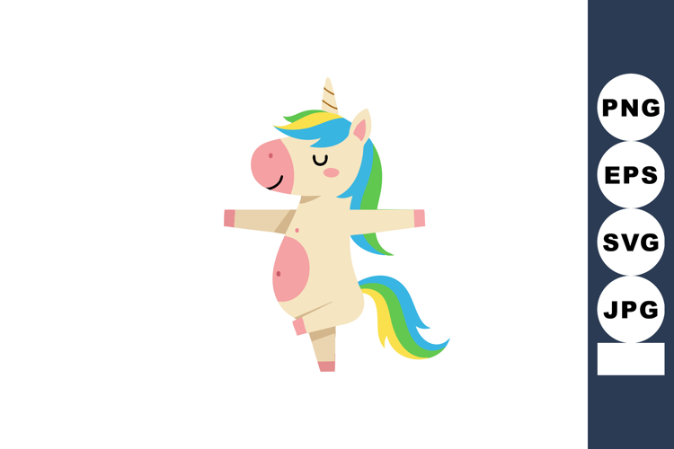 Cute unicorn cartoon character dancing with closed eyes and