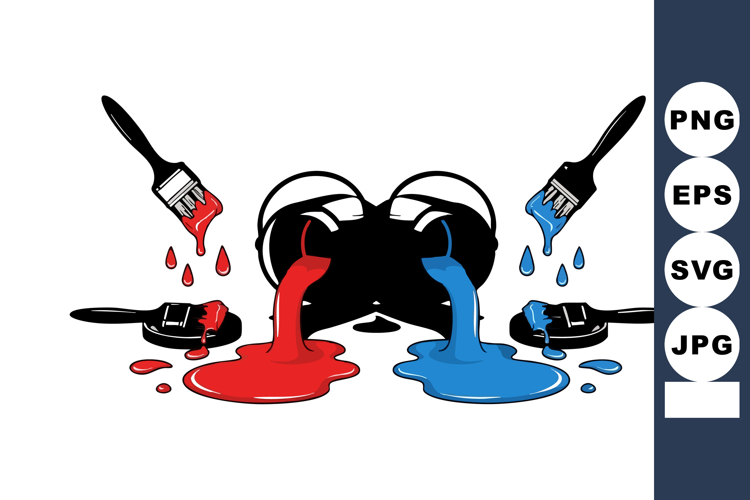 Two paintbrushes pouring red and blue paint into overlapping