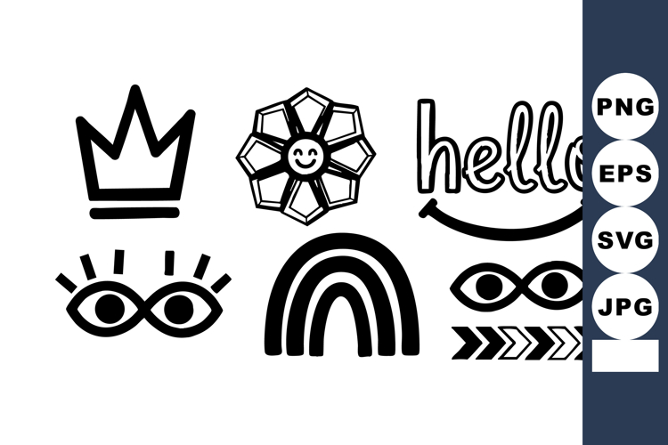 Black and white vector icons with crown flower hello text ey