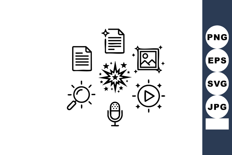 Multimedia content icons collection with search, document, m