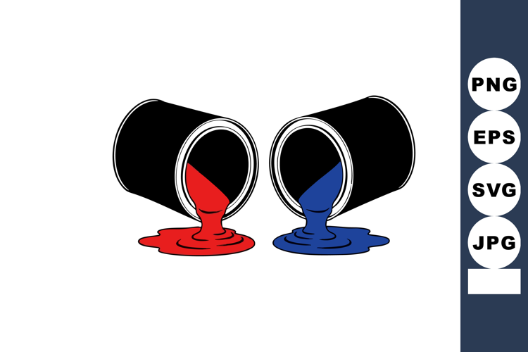 Two paint cans spilling red and blue paint with fluid motion