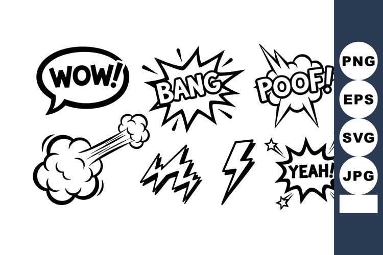 Comic style black and white speech bubbles and sound effects