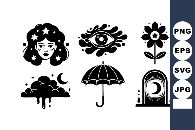 Mystic symbols collection featuring woman face, eye, flower,