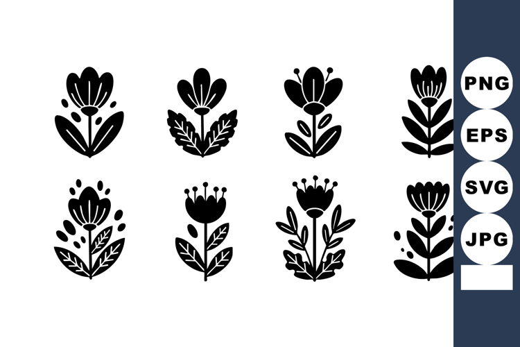 Black silhouette floral icons set with various stylized flow