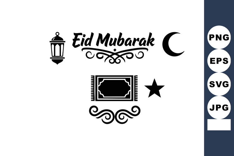 Eid Mubarak greeting with lantern crescent moon star and pra