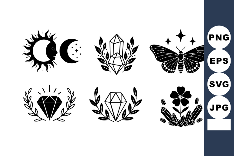 Mystical black sun moon crystals butterfly diamond flower ve