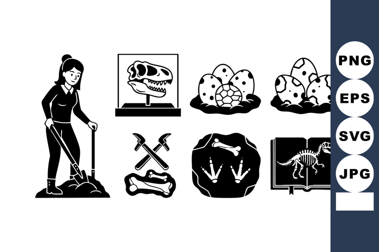 Paleontologist digging dinosaur fossils with bones and eggs