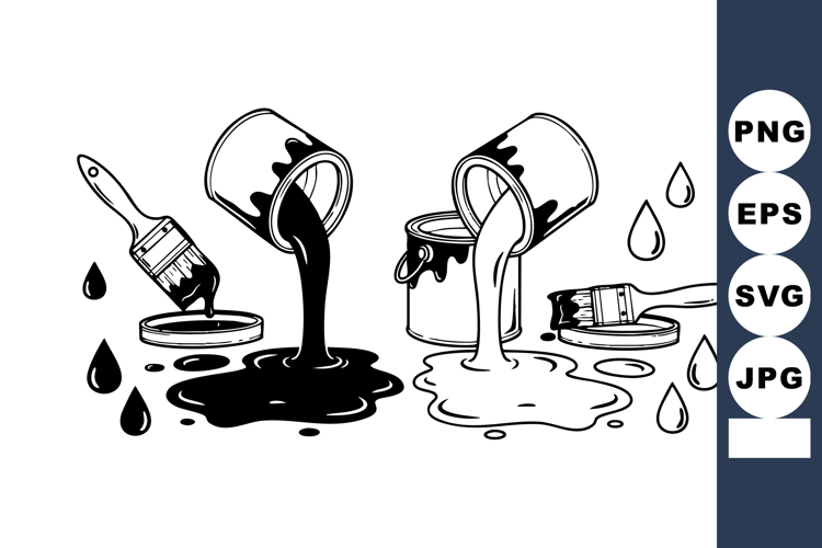Paint cans pouring black and white paint with brushes and pa