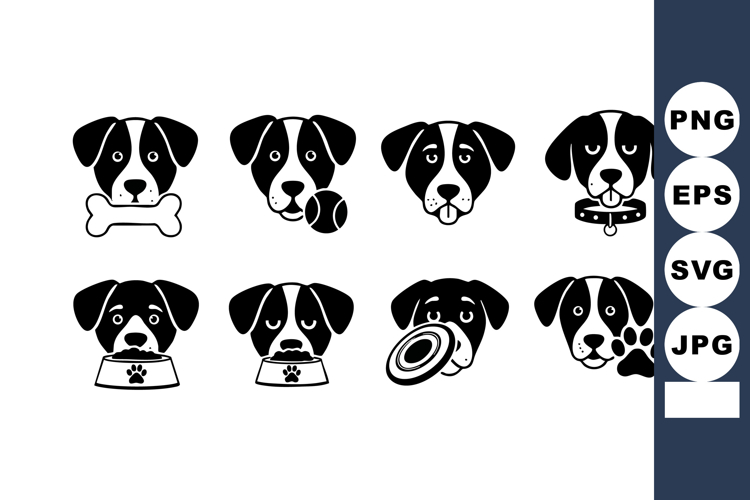 Dog icons with various playful expressions and accessories i