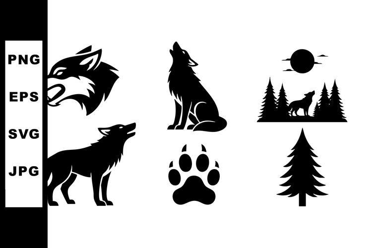 Howling Wolf Silhouette Vector Set with Nature